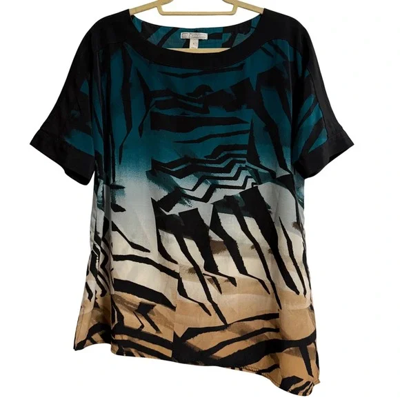 Dana Buchman Womens Teal Tan Abstract Animal Print Asymmetrical Blouse Large - Picture 1 of 5